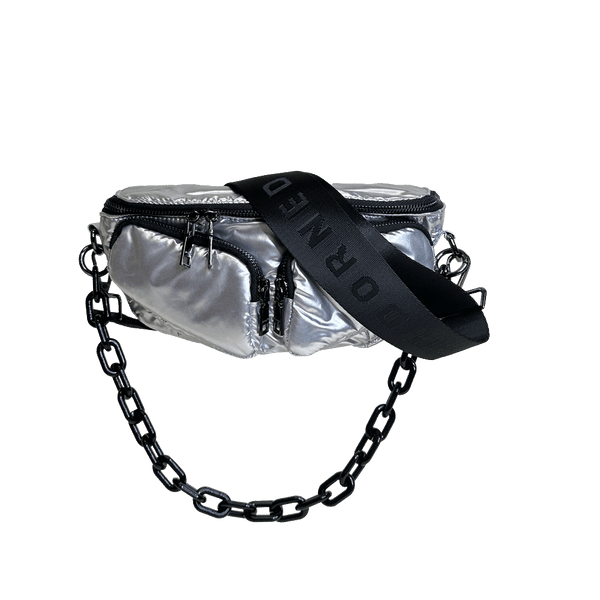 Rachel Double Pocket Puffy Sling/Waist Bag w/Black Resin Cha: WHITE