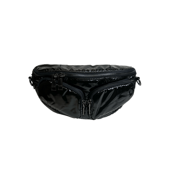 Rachel Double Pocket Puffy Sling/Waist Bag w/Black Resin Cha: BLACK