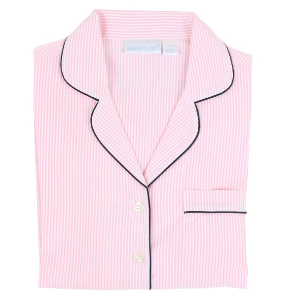 Pink Seersucker-Navy Long Sleeve Pajamas: M
