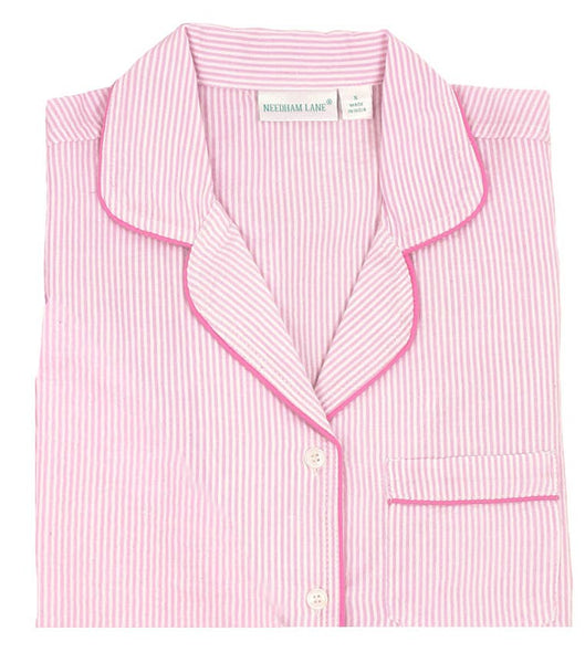 Pink Seersucker-Pink Long Sleeve Pajamas: XL