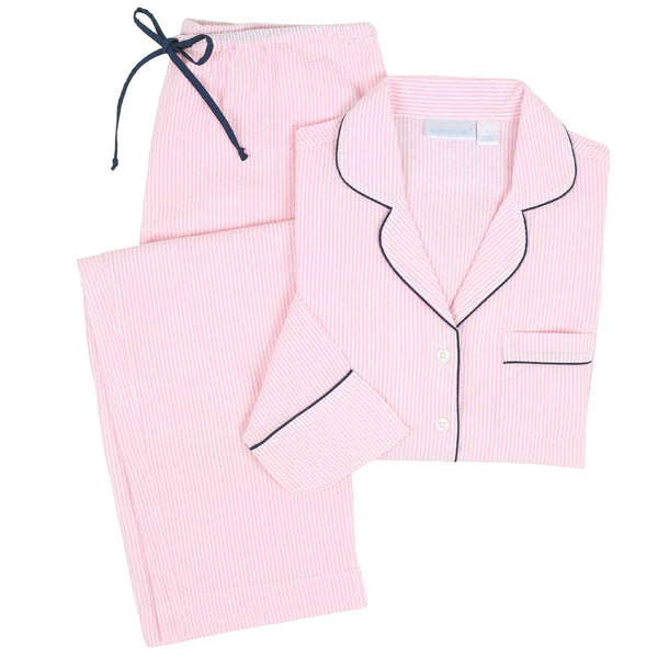 Pink Seersucker-Navy Long Sleeve Pajamas: M