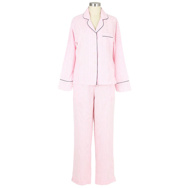 Pink Seersucker-Navy Long Sleeve Pajamas: M