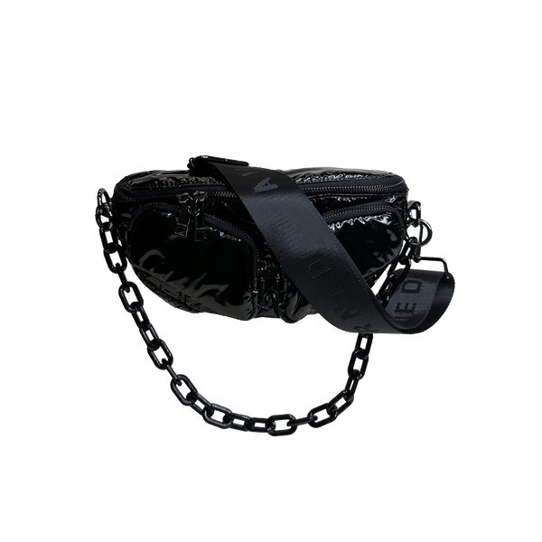 Rachel Double Pocket Puffy Sling/Waist Bag w/Black Resin Cha: BLACK