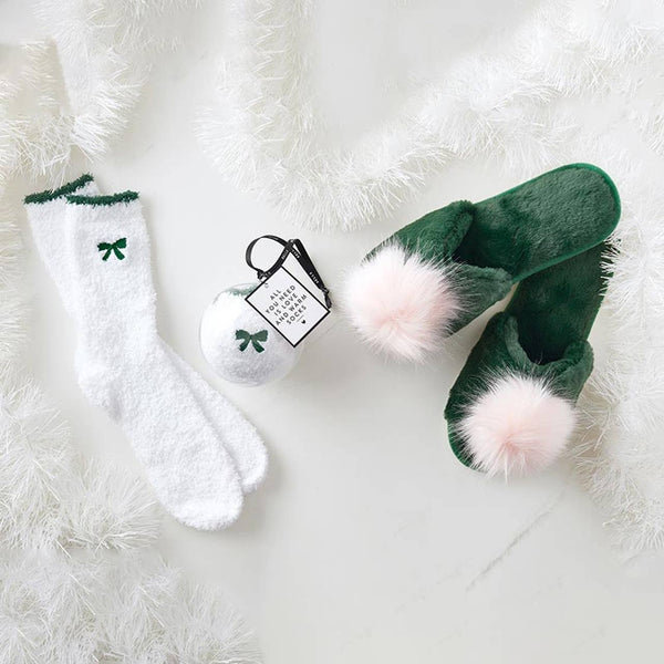 Plush Slippers - Green with Blush Pom Pom: Medium