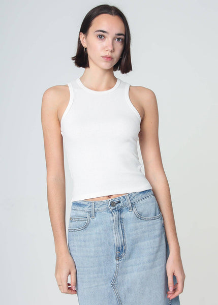 100% Cotton Daisy Ribbed Tank Top: White / XS