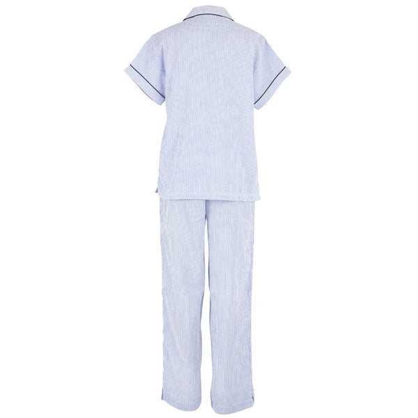 Blue Seersucker-Navy Short Sleeve Long Pant Pajamas: M