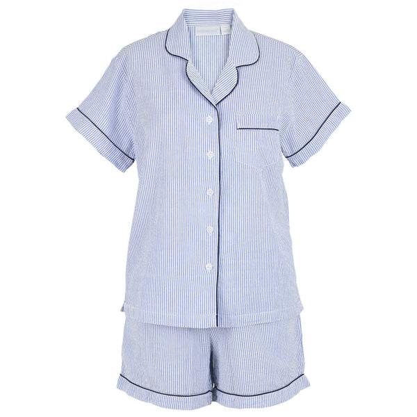 Blue Seersucker-Navy Short Sleeve Shorty Pajamas  : M