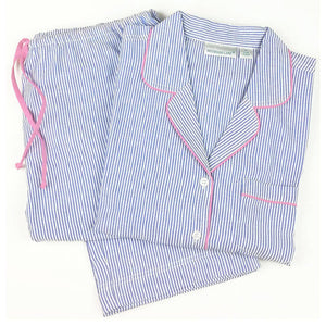 Blue Seersucker-Pink Long Sleeve Pajamas: M