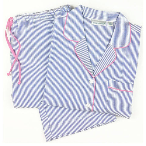 Blue Seersucker-Pink Long Sleeve Pajamas: M