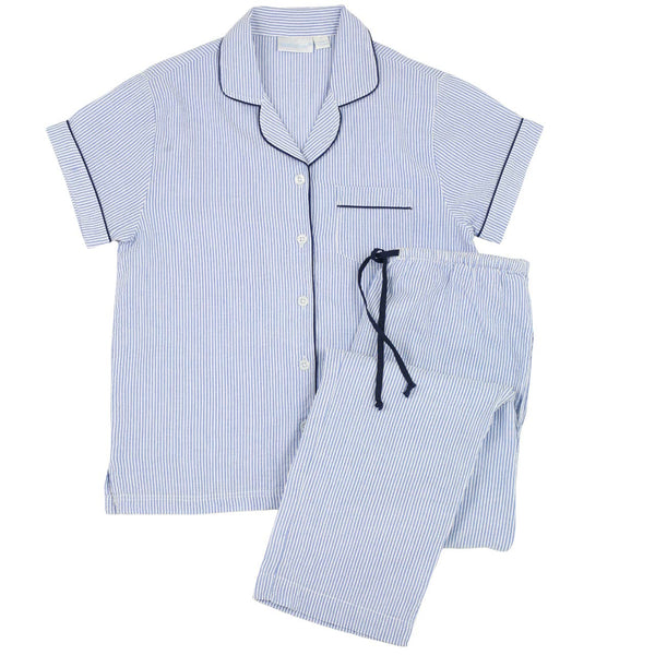 Blue Seersucker-Navy Short Sleeve Long Pant Pajamas: M