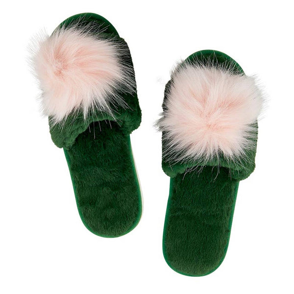 Plush Slippers - Green with Blush Pom Pom: Large