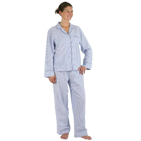 Blue Seersucker-Navy Long Sleeve Pajamas: XS