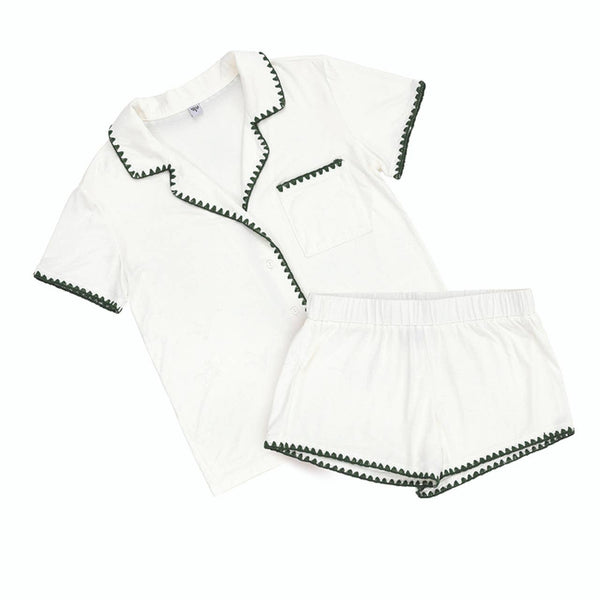 Short Bamboo PJ Set - White + Forest Green Whip Stitch: 93% Bamboo/ 7% Spandex / Medium