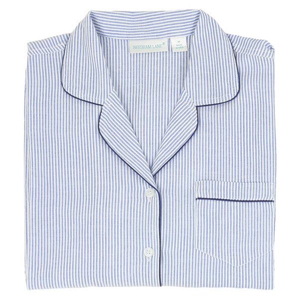 Blue Seersucker-Navy Short Sleeve Long Pant Pajamas: M