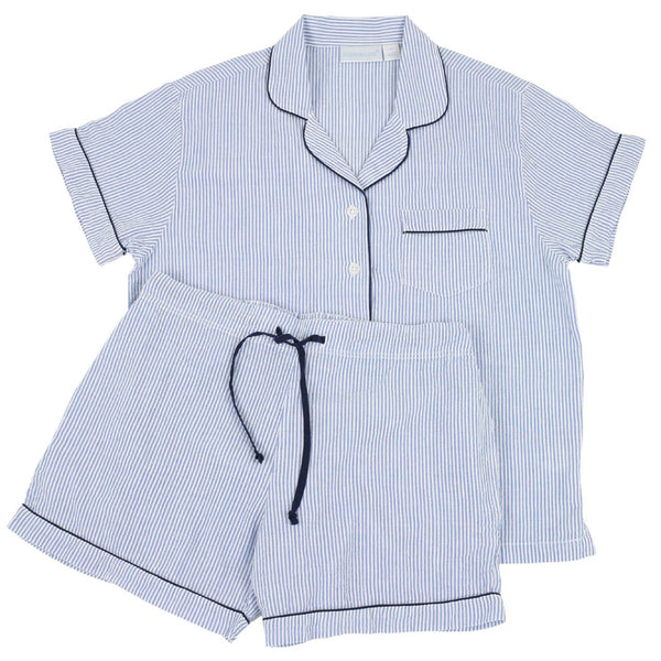 Blue Seersucker-Navy Short Sleeve Shorty Pajamas  : XS