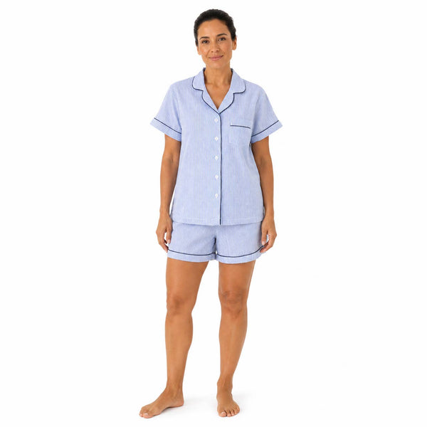 Blue Seersucker-Navy Short Sleeve Shorty Pajamas  : S