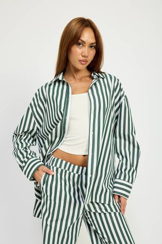 STRIPED OVERSIZE SHIRT: HUNTER GREEN WHITE / Contemporary / S