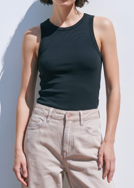 100% Cotton Daisy Ribbed Tank Top: Black / L