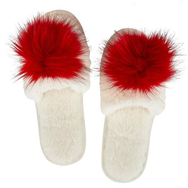 Plush Slippers - Ivory with Red Pom Pom: Medium
