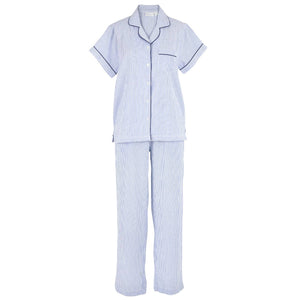 Blue Seersucker-Navy Short Sleeve Long Pant Pajamas: M