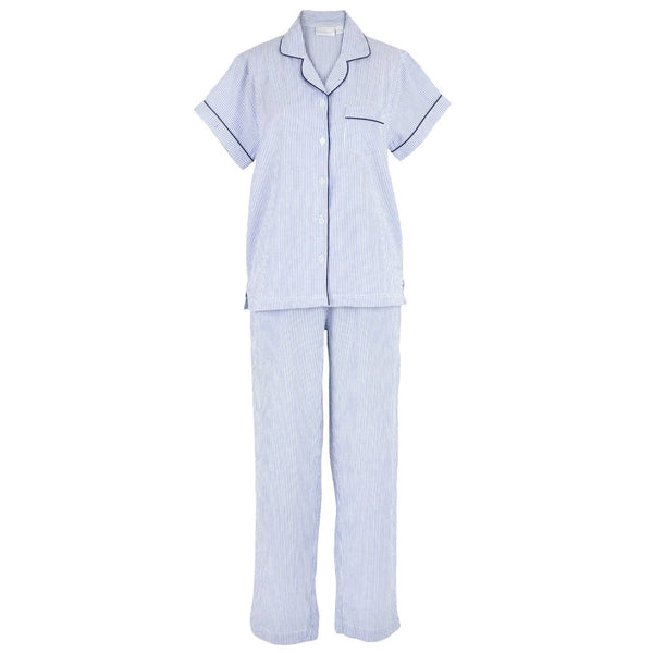 Blue Seersucker-Navy Short Sleeve Long Pant Pajamas: M