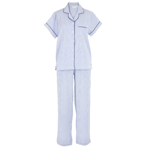 Blue Seersucker-Navy Short Sleeve Long Pant Pajamas: M