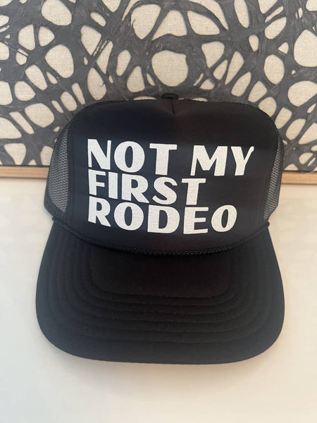 NOT MY FIRST RODEO - BLACK TRUCKER WITH WHITE GLITTER