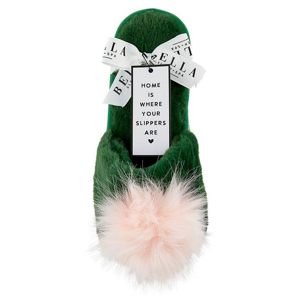 Plush Slippers - Green with Blush Pom Pom: Medium