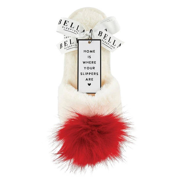 Plush Slippers - Ivory with Red Pom Pom: Small