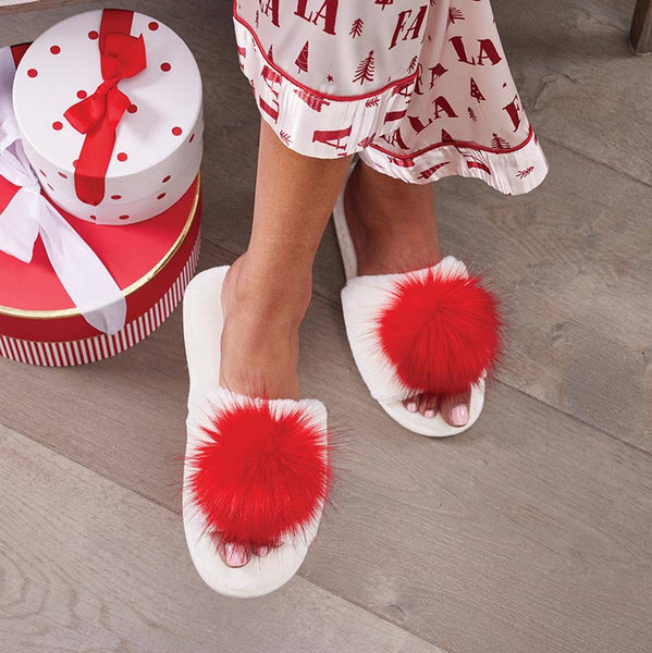 Plush Slippers - Ivory with Red Pom Pom: Small