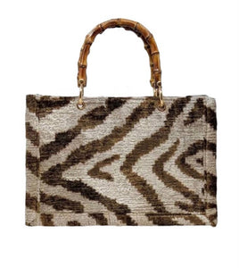 Brown Silk Velvet Ikat Small Tote Bag with Bamboo Handle