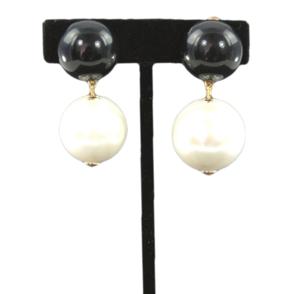 Resin Black and Pearl Bead Clip Earrings