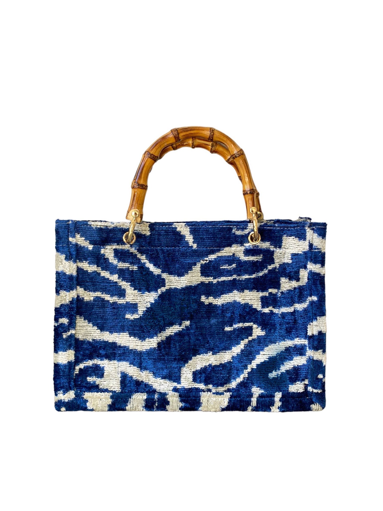 Blue Silk Velvet Ikat Small Tote Bag with Bamboo Handle
