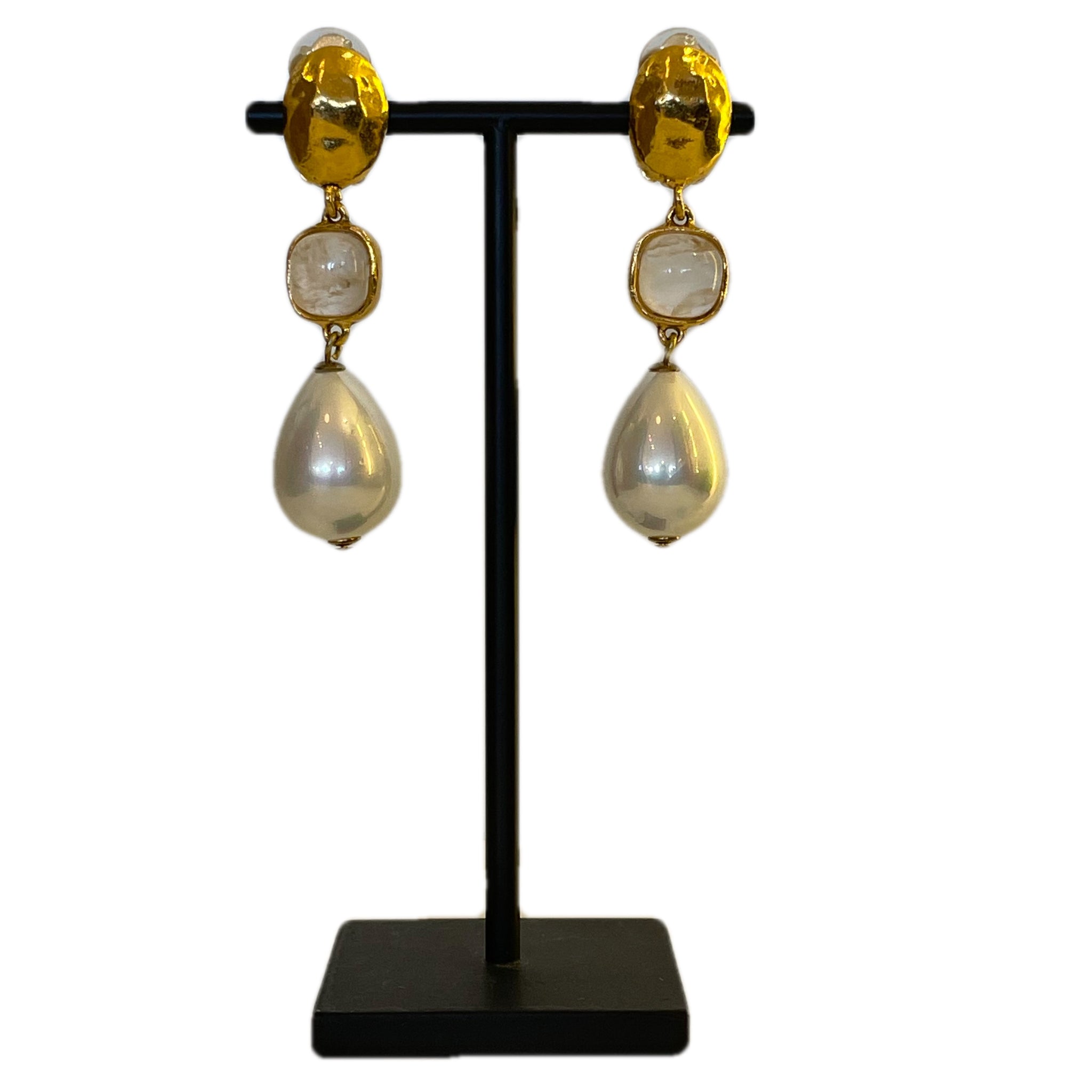 Gold Plate Dangle Pearl Clip-On Earrings